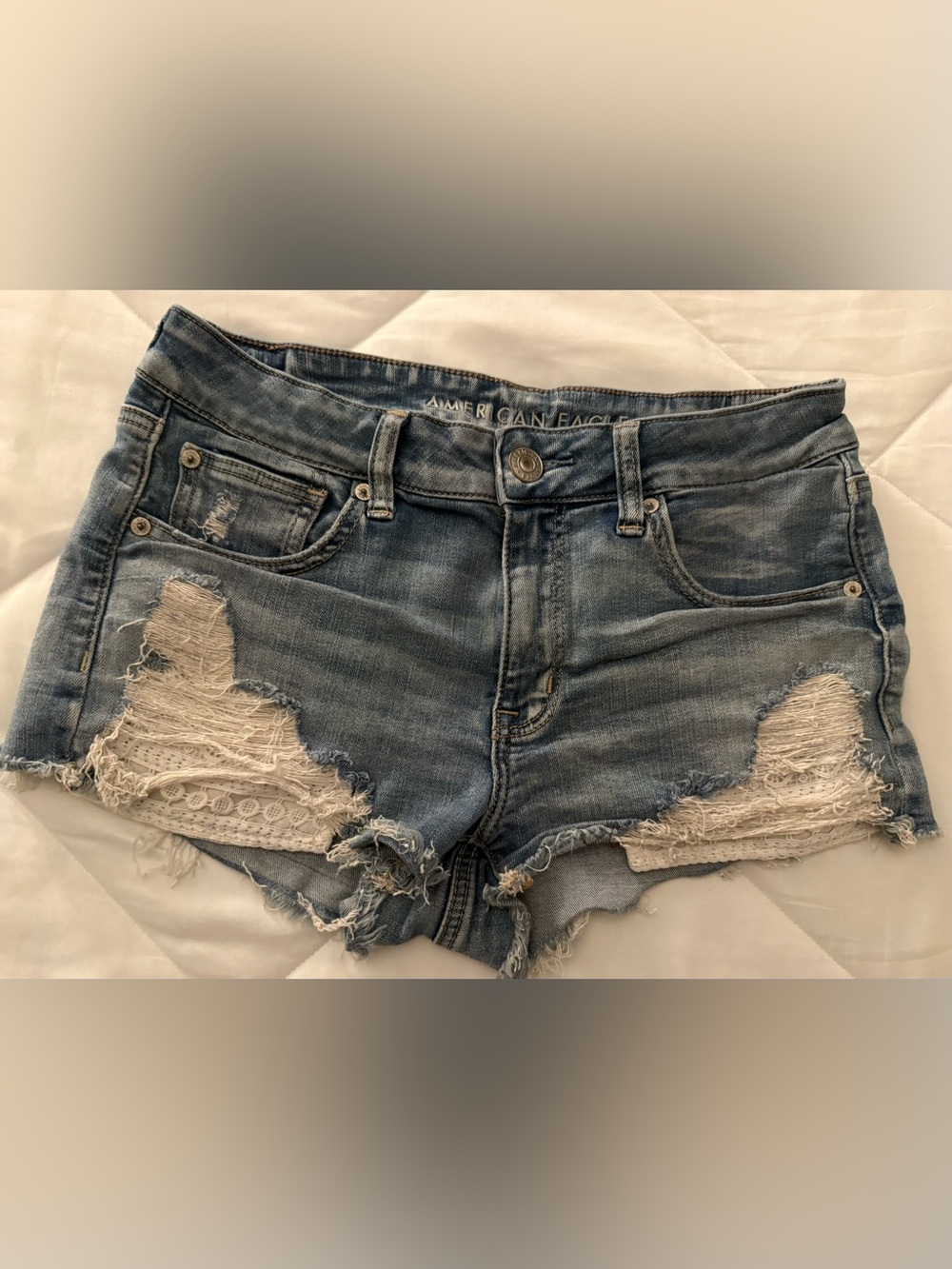 American Eagle Outfitters Light Blue Distressed Lace-Trim Jean Shorts